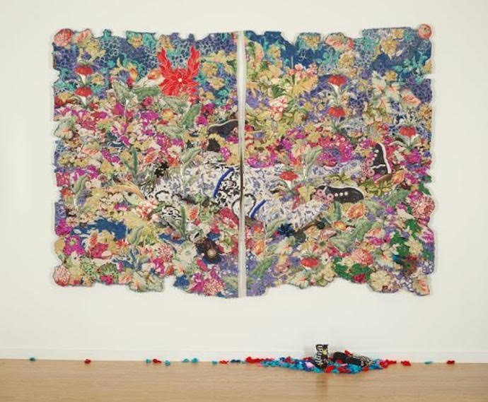 Among the weeds, plants, and peacock feathers, 2014, Ebony G. Patterson (Jamaican, active in Jamaica and United States), mixed media, Collection of the Art Fund, Inc. at the Birmingham Museum of Art; Purchase with funds provided by the Collectors Circle for Contemporary Art